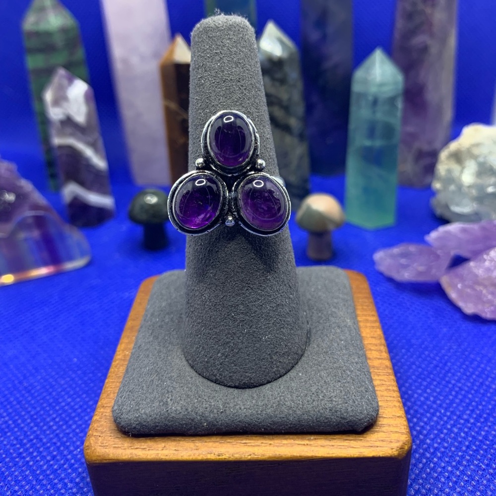 Stunning Amethyst Trio Ring, .925 Silver Plated, Size 7.25
